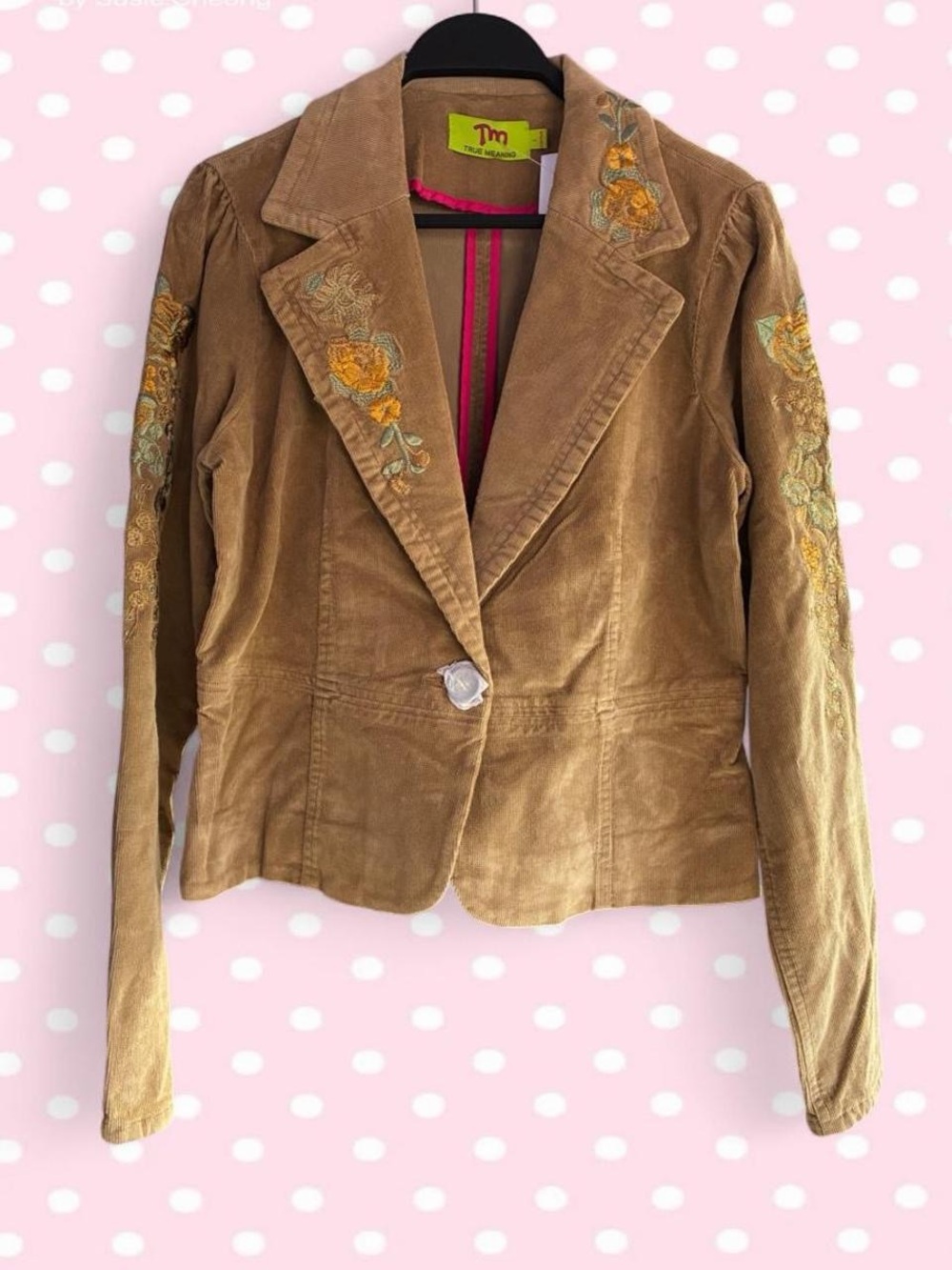 NWT Vintage True Meaning light brown velvet Blazer with floral embroider